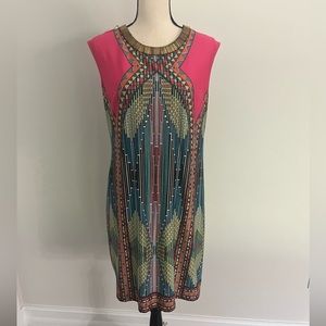 Beautiful multi-colored mid thigh dress with embellished neckline